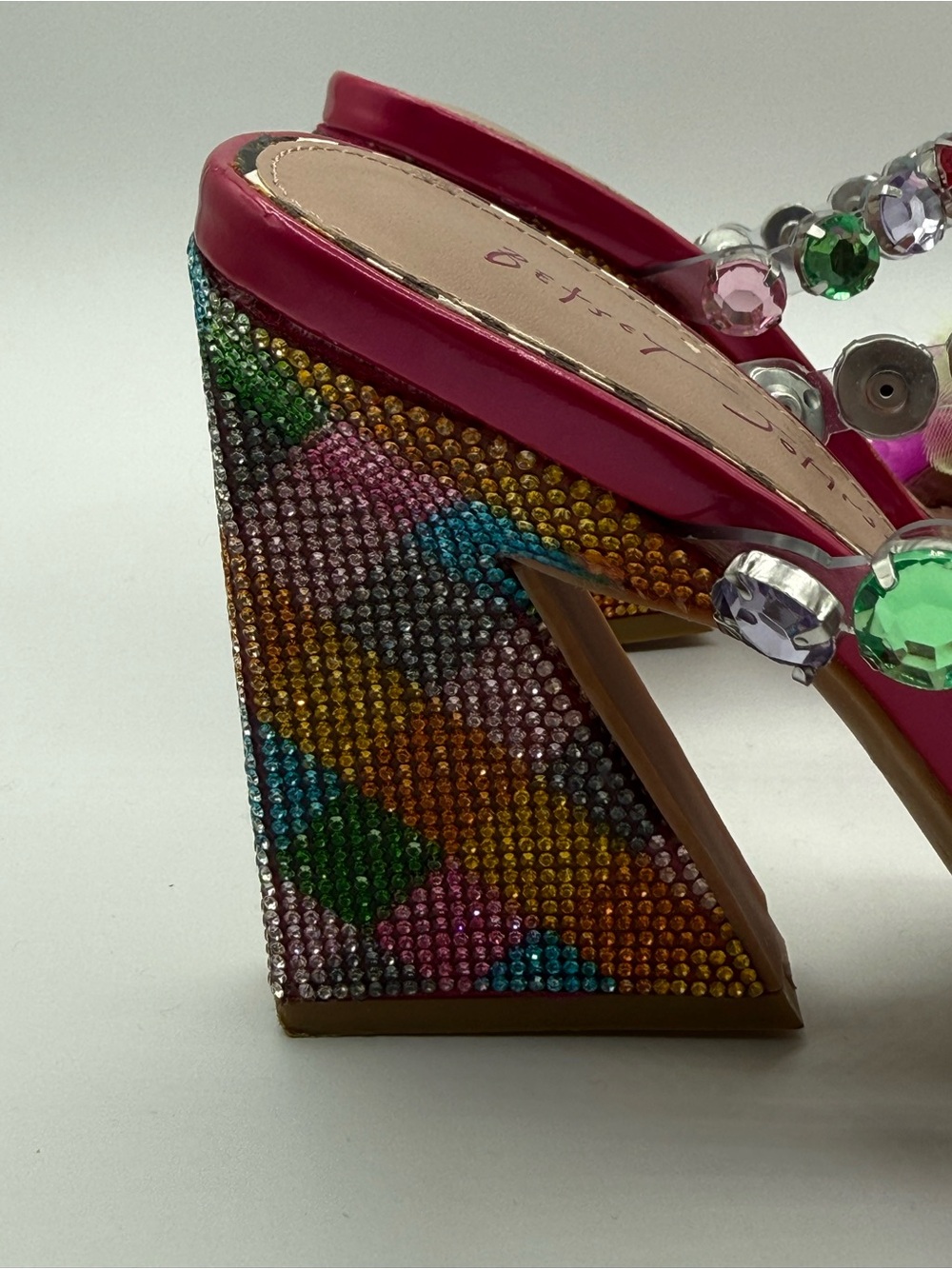 Betsey Johnson Attica Rhinestone Pink Embellished Sandals Pom Pom Statement Mule - Picture 5 of 17
